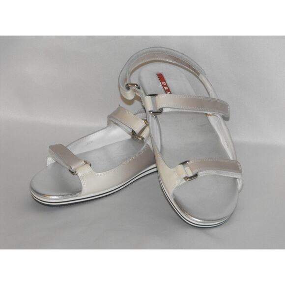 PRADA PATENT OMBRE FUME LEATHER FLATS TWO TONES GLADIATOR LOGO SANDALS 37.5 - Picture 2 of 6